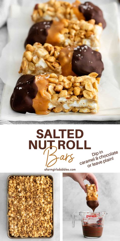 These Salted Nut Roll Bars are the perfect combination of salty and sweet, chewy and crunchy. If you love the traditional Salted Nut Roll candy bar, you're going to love this homemade copycat recipe! Dip the bars in caramel and chocolate like they do at the Minnesota State Fair, or enjoy them the plain 'ol traditional way! Salted Nut Roll Bars, Nut Roll Bars, Salted Nut Roll, Salted Nut Rolls, Nut Roll Recipe, Nut Roll, Nut Rolls, Minnesota State Fair, Delicious Sweets