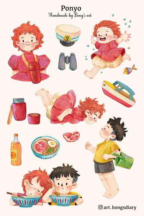 Ponyo Ghibli Drawing, Studio Ghibli Bujo, Ponyo Illustration, Ponyo Watercolor, Ponyo Drawings, Studio Ghibli Illustration, Kawaii Journal Stickers, Studio Ghibli Drawings, Ghibli Illustration