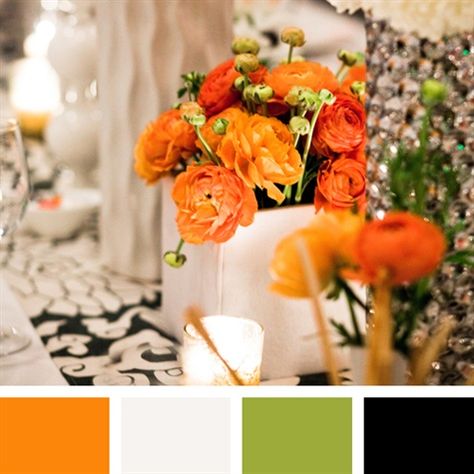 Orange, White, Apple Green, Black Color Palette Green Black Color Palette, Wedding Colors Schemes, Orange Wedding Cake, Green Black Color, Fall Wedding Style, Best Wedding Colors, Orange Bathroom, Orange Bathrooms, Wedding Color Combos