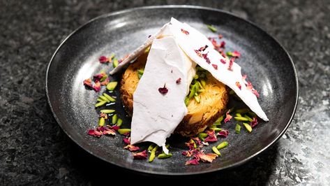 Kunafa, Tahini Ice Cream Kataifi Pastry, Sunday Cooking, Masterchef Recipes, Edible Rose Petals, Diner Party, Edible Roses, Masterchef Australia, Indian Dessert, Indian Dessert Recipes