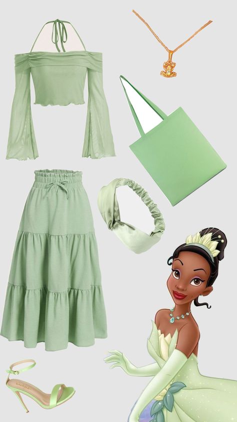 Tiana modern outfit Tiana Aesthetic Outfit, Tiana Disneybound, Tiana Outfit, Tiana Costume, Princess Inspired Outfits, Princess Tiana, Princess Inspired, Modern Outfits, Simple Outfits