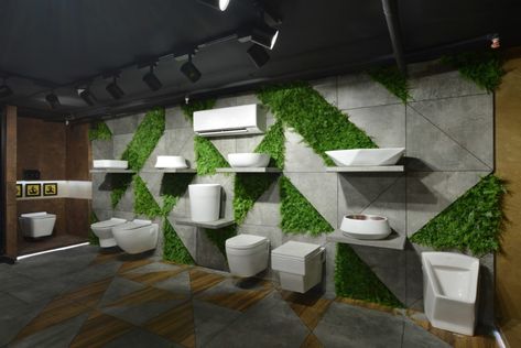 Ceramic Studio | pdp architects - The Architects Diary Tiles Display Ideas, Bathroom Showroom Display Store Design, Tiles And Sanitary Showroom, Tiles Display Showroom Ideas, Tile Showroom Interior Design Ideas, Tiles Showroom Display Ideas, Studio Entrance, Sanitary Showroom, Interior Shop Display