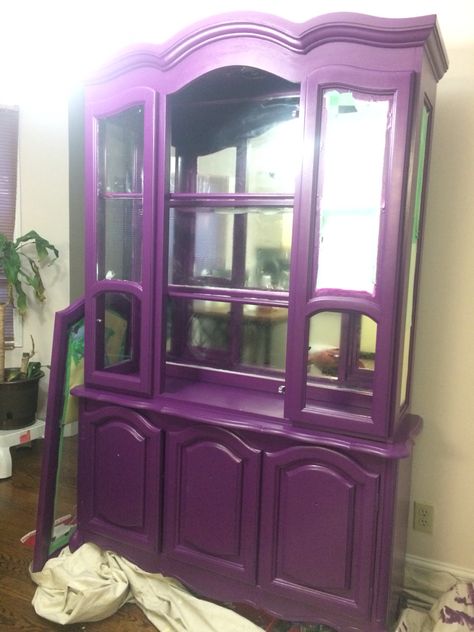 Hopefully we can incorporate this DIY cabinet Into the space. Or I'll have to sell it. DIY purple hutch. China Hutch Makeover, Purple Furniture, Painted Furniture Designs, Hutch Makeover, Diy Cabinet, China Hutch, Diy Cabinets, All Things Purple, Colorful Furniture