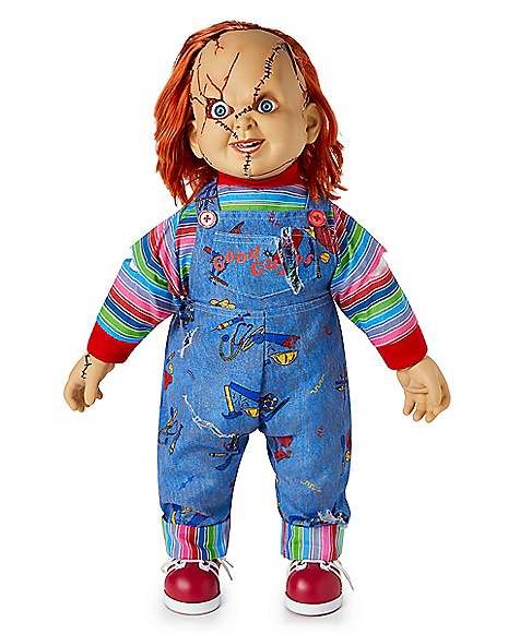 Chucky Doll - Spirithalloween.com Chucky Costume, Doll Base, Synthetic Hair Care, Halloween Bride, Creepy Kids, Chucky Doll, Movie Decor, Bride Of Chucky, Halloween Supplies