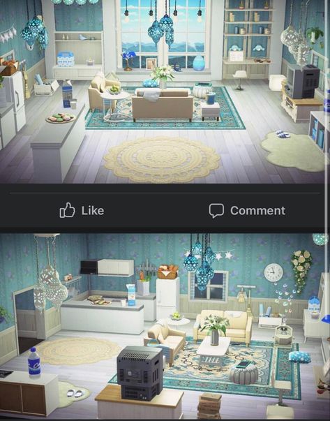 Living Room Ocean Theme, Acnh House Interior Blue, Animal Crossing Beach House Interior, Acnh Interior, Fairy Island, Underwater Room, Games Room Inspiration, Beach Home Interiors, Motif Acnl