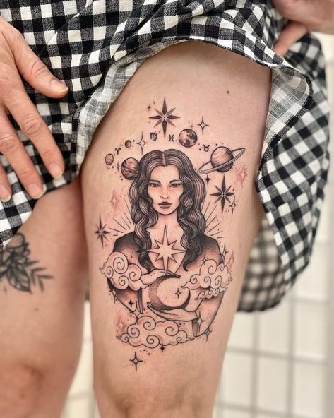 20 Absolutely Stunning Thigh Tattoos For Women Thigh Tattoo Placement, Women Thigh Tattoo, Front Thigh Tattoos, Dragon Thigh Tattoo, Thigh Tattoos For Women, Understanding Women, Zodiac Sign Tattoos, Thigh Tattoos, Tattoos Women