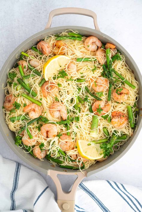 Angel Hair Pasta with Shrimp and Asparagus Asparagus And Shrimp With Angel Hair, Shrimp With Asparagus Recipes, Angel Hair Pasta Recipes Easy, Angel Hair Pasta With Shrimp, Broccoli And Shrimp, Shrimp Angel Hair Pasta, Pasta And Broccoli, Pasta Recipes Easy, Angel Hair Pasta Recipes