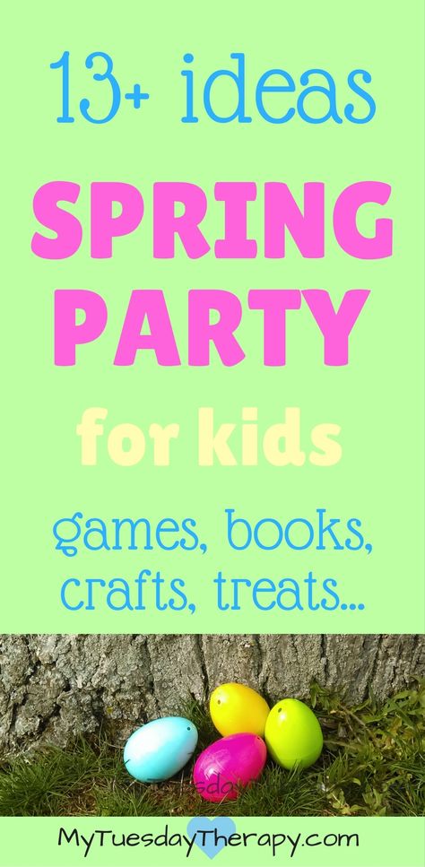 Your kids will love this Spring Party! Lots of great ideas to do at your Spring Party: cute crafts, fun games, yummy treats etc. | Easter for Kids | #springparty #easterforkids #partyideasforkids via @www.pinterest.com/mytuestherapy Spring School Party Ideas, Easter Class Party, Spring Party Games, Kids Spring Crafts, Spring Party Ideas, Spring Fling Party, Classroom Party Games, Kindergarten Party, Games For Kids Classroom