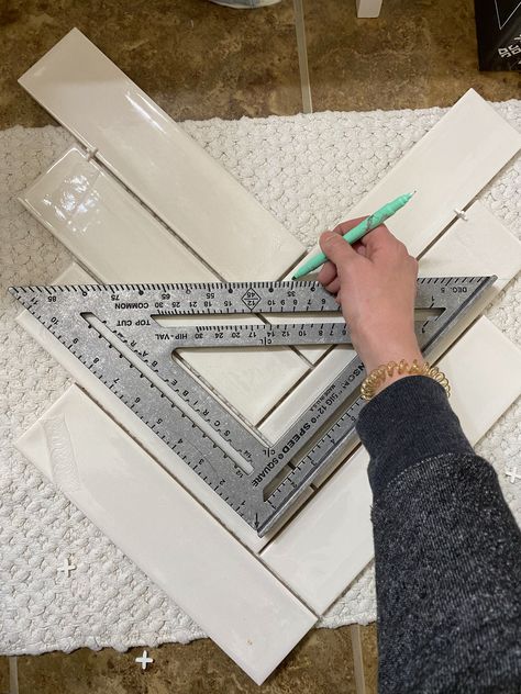 Tiling a Bathroom Wall in a Perfect Herringbone Pattern - The Handcrafted Haven Herringbone Tiling Bathroom, How To Herringbone Tile, Herringbone Tile Wall Bathroom, Bathroom Herringbone Tile Wall, Herringbone Tiles Bathroom, How To Lay Herringbone Tile, Subway Tile In Herringbone Pattern, Herringbone Tile Shower Wall, Herringbone Backsplash Bathroom