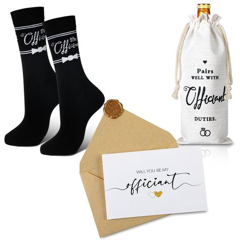 PRICES MAY VARY. Officiant Gifts Ideas: our officiant proposal gift set includes 1 pair socks, 1 wine bag, 1 greetings card, 1 matching envelope, making it a fitting thank you gift for wedding officiant that is both practical and exquisite Elegantly Designed for Officiant: Our wedding officiant gifts are printed with beautiful thank you phrases and designs that show support and appreciation, such as [ Would you like to be our officiant ], [ Pairs well with officiant duties ], etc. It is an ideal Officiant Asking Ideas, Wedding Officiant Gift Ideas, Officiant Proposal Ideas, Thank You Phrases, Officiant Proposal, Officiant Gift, Wedding Officiant Gift, Bag For Wedding, Envelope Making