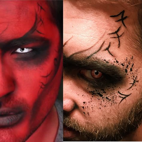 Inspired by Alex Faction’s look. I tried it on my bestie! Demon Devil Scary makeup look Mens Demon Makeup, Demon Halloween Costume Men, Male Demon Makeup, Devil Aesthetic Costume, Devil Makeup Men, Demon Costume Men, Wrath Costume, Demon Makeup Men, Devil Face Makeup