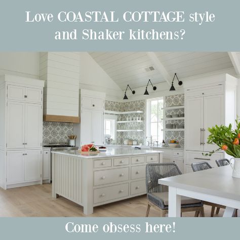 White shiplap, floating shelves, and a gorgeous blue handmade backsplash in a coastal cottage kitchen by Lisa Furey. Coastal Cottage Kitchen, Shiplap Kitchen, Coastal Cottage Decorating, Coastal Cottage Style, Farmhouse Kitchens, White Shiplap, Coastal Modern, White Oak Floors, White Subway Tile