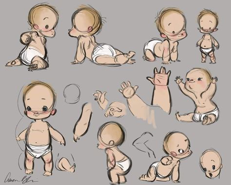 Imagen insertada Baby Body Drawing, Baby Character Design, Baby Art Drawing, Baby Anatomy, Baby Reference, Aaron Blaise, Baby Cartoon Drawing, Baby Illustration, Baby Poses