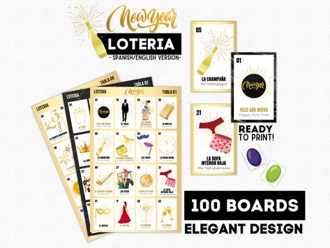 🎉 Step into the New Year with my beautiful Gold & Black New Year Loteria! 🎊 Add a dash of tradition to your celebrations and make your New Year's gathering truly special with our festive and engaging Loteria game. This downloadable and printable set, designed in shimmering gold and sleek black hues, is designed to infuse your event with laughter, luck, and a touch of cultural charm, ensuring an unforgettable start to the year ahead. 🌟 New Year Bingo, Year Bingo, Spanish Games, Party New Year, New Year's Eve Party, New Year Party, Calling Cards, Eve Parties, New Years Eve Party