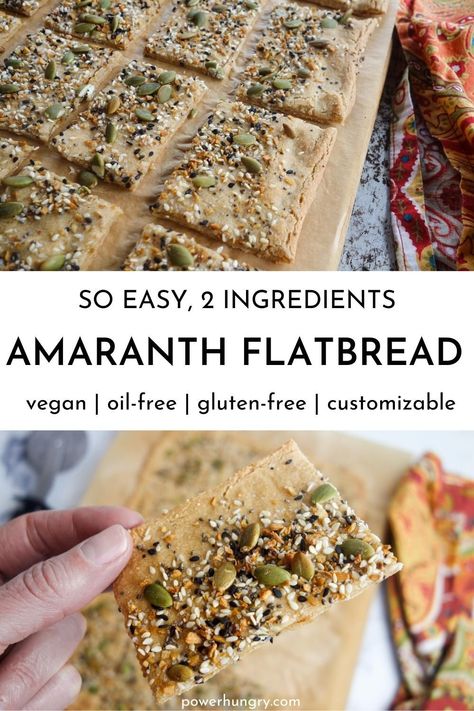 2 photo collage showing pieces of amaranth flatbread Vegan Crisp, Amaranth Recipes, Vegan Flatbread, Easy Pizza Crust, Yeast Free Breads, 2 Ingredient Recipes, Bread Crackers, Gluten Free Recipes Bread, Wfpb Recipes