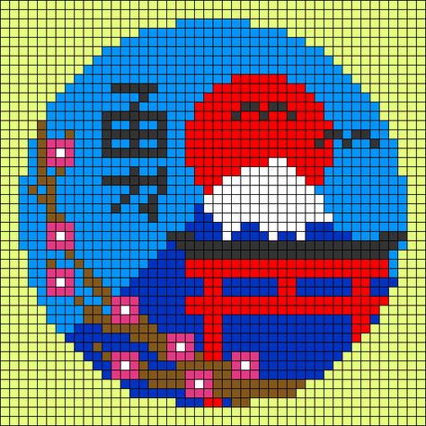 Chinese Pixel Art, Howls Moving Castle Alpha Pattern, Japan Pixel Art, Japanese Pixel Art, Pixel Art Japanese, Graph Crochet, Japan Landscape, Pixel Art Templates, Diy Perler Bead Crafts