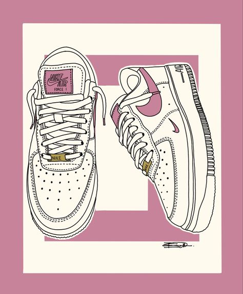 Nike Air Force 1 Drawing, Basketball Artwork, Sneakers Illustration, Shoes Drawing, Sticker Ideas, Shoe Design, Drawing Artwork, Nike Air Force 1, Air Force 1