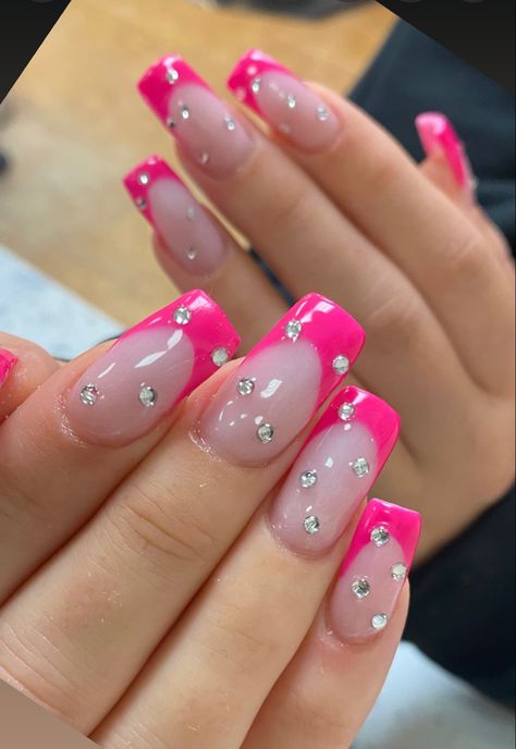 Pink French Tip Nails Chrome, Summer Nails Inspiration Pink, Chrome Cross, Bedazzled Nails, Pink French Tips, Nails Inspiration Pink, Colored Nail Tips, Shiny Nails Designs, Pink French Nails