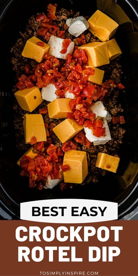 This Rotel Dip recipe is a delicious and popular warm dip appetizer. Made with chunks of meat, diced tomatoes, green chilies, and two kinds of cheese, it's easy to make in a slow cooker or stove top for any occasion! Cheese Dip With Ground Beef Crock Pot, Chili Rotel Cheese Dip, Rotel Dip With Pepper Jack, Rotel Dip Slow Cooker, Recipes With Diced Tomatoes And Green Chilies, Meat And Cheese Dip Crockpot, Ground Beef Cheese Dip Crockpot, Rotel Dip Stovetop, Nacho Rotel Dip