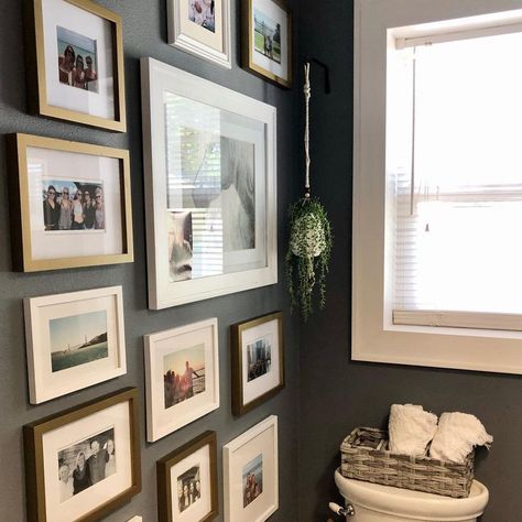 Best Half Bathroom Ideas, Large Half Bathroom Decor, Family Photos In Bathroom, Trendy Half Bathroom Ideas, Half Bathroom Ideas On A Budget, Gallery Wall Bathroom Half Baths, Half Bath Art, Bathroom Wall Gallery, Small Bathroom Artwork Ideas