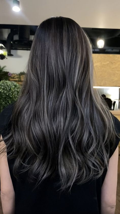 Brunette Grey Highlights, Highlites For Dark Hair Brunettes, Black Gray Balayage, Dark Ash Gray Balayage, Balayage Hair Gray Ash Blonde, Ash Gray Hair Balayage, Ash Blonde In Black Hair, Dark Ash Highlights On Dark Hair, Ash On Black Hair