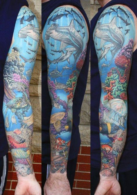 50 Coral Reef Tattoo Designs For Men - Aquatic Ink Mastery Sea Tattoo Sleeve, Aquatic Tattoo, Ocean Theme Tattoos, Sea Life Tattoos, Underwater Tattoo, Ocean Sleeve Tattoos, Ocean Sleeve, Design Tatuaje, Tato Tradisional