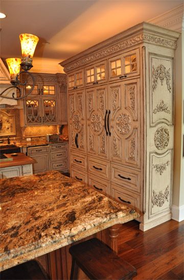 Panty Cabinet, Rococo Kitchen, Refrigerator Enclosure, Kitchen Armoire, Above Refrigerator, Ornate Kitchen, Cabinet Refrigerator, Custom Refrigerator, Classic Kitchen Design