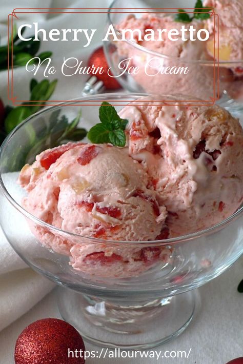 A delicious no-churn ice cream that is easy to make with cherry pie filling. It is rich and very elegant, perfect for beautiful ending to a holiday meal. Christmas, New Year or Valentines Day is a wonderful time to serve this dessert. #frozendessert, #icecream, # nochurnicecream, #cherryicecream, #cherryamaretto Cherry Nut Ice Cream Recipe, Creami Recipies, Cherry Amaretto, Churn Ice Cream, Almond Ice Cream, Snow Balls, Cherry Ice Cream, No Churn Ice Cream, Ninja Creami