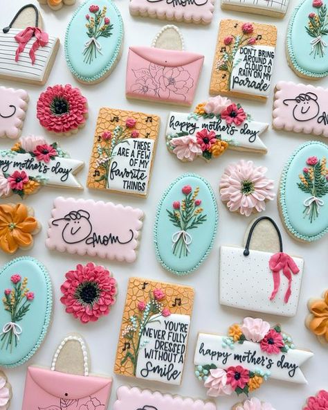 Madison Bagley on Instagram: "These are a few of her favorite things! 🌸 ‌ This was a really fun set cause I had to bring together all of this Mom’s favorite things! All the flowers, pink and bright colors, purses & show tunes. Plus her fun little signature! ‌ The gel colors I used to color my icing are from @thesugarart  𝘜𝘴𝘦 𝘮𝘺 𝘤𝘰𝘥𝘦 𝘽𝙐𝙎𝙔𝘽 𝘧𝘰𝘳 10% 𝘰𝘧𝘧 𝘸𝘩𝘦𝘯 𝘺𝘰𝘶 𝘤𝘩𝘦𝘤𝘬𝘰𝘶𝘵! ‌ ‌ ‌ ‌ #flowercookies #momcookies #customcookies #busybbakehouse #decoratedcookies #ediableart #foodart #royalicingcookies #royalicing #designercookies #sugarcookies" Friendship Cookies Decorated, Specialty Cookies, Gel Colors, Flower Cookies, Flowers Pink, Royal Icing Cookies, Custom Cookies, Cookie Monster, Decorated Cookies