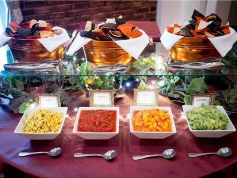 Chips and Salsa bar! Vegan Wedding at the event center at blue in Bethlehem, PA Chips And Salsa Bar, Boho Wedding Food, Wedding Food Bars, Salsa Bar, Foodie Wedding, Wedding Food Stations, Nacho Bar, Cocktail Hour Wedding, Vegan Wedding