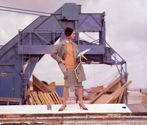 Model in suit on a construction site, photo by Regina Relang, 1962 Model In Suit, German Fashion, By Regina, Construction Site, Travel Alone, In The Studio, School Fashion, The Studio, Fashion Photographer