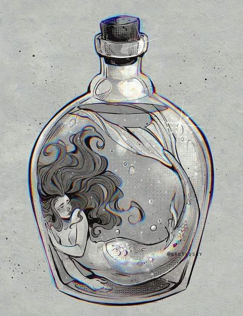 In A Bottle Drawing, Mermaid In A Bottle, In A Bottle Tattoo, Fairy In A Bottle, Mermaid Pose, Bottle Tattoo, Bottle Drawing, Mermaid Drawings, Mermaid Tattoos