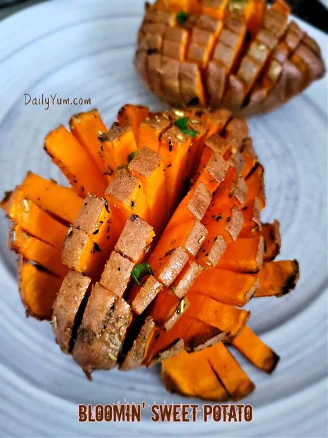 Crispy & Fluffy Air Fryer Blooming Sweet Potatoes Sweet Baked Potato, Daily Yum, Baked Sweet Potatoes, Raw Potato, Air Fried Food, Air Fryer Oven Recipes, Air Fryer Dinner Recipes, Air Fryer Healthy, Air Fryer Recipes Easy