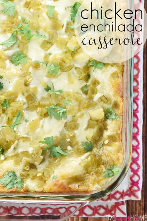 Chicken Enchilada Casserole ~ features all-natural ingredients like salsa verde, green chiles, and a creamy homemade sauce for the great flavor of chicken enchiladas without the work of rolling them! | FiveHeartHome.com Green Chili Enchilada Casserole, Casserole Cream Of Mushroom, Green Chili Chicken Enchilada Casserole, Green Chili Chicken Enchiladas, Chili Enchiladas, Green Chili Enchiladas, Chicken Enchilada Casserole Recipe, Green Chili Chicken, Enchilada Casserole Recipes