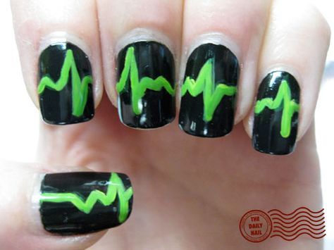 So much fun to do! :) Easier way: Paint your nail green, then use a clear coat. Fine-Point Sharpie the Black areas, then use another clear coat or two:) Punk Nails, Daily Nail, Really Cute Nails, Nail Swag, Nail Polish Designs, Funky Nails, Cool Nail Designs, Beauty Ideas, Types Of Nails