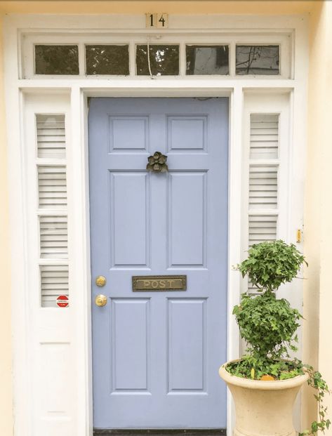 Charleston Front Doors, Pale Blue Front Door, Periwinkle Front Door, Periwinkle Door, White Exterior Door, Southern Colonial Homes, Draw Buildings, Front Door Decor Ideas, Southern Style Homes