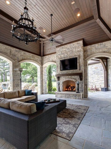 This luxury patio looks like a huge living room!  Check out the outdoor television and fireplace! French Chateau Style, Chateau Style, Outdoor Living Room, Style At Home, House Goals, Home Design Decor, Outdoor Living Areas, Stone Fireplace, Outdoor Fireplace