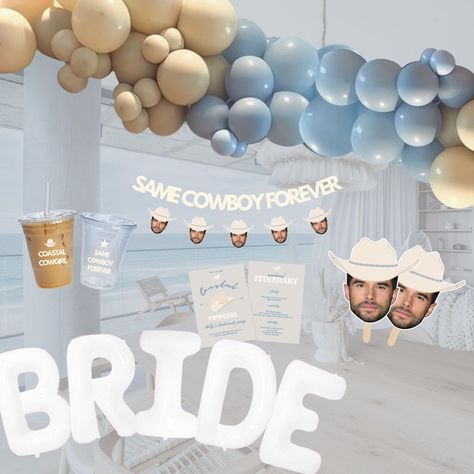 Dive into the perfect blend of Coastal vibes and Cowgirl fun with our Coastal Cowgirl Bachelorette Party Decor Box 🌊🤠 Elevate your seaside soirée with our decorations.  Yeehaaw Aloha! Details: (attention to the sizing) 🤠 Balloon Garland: - Light Blue 9" balloons - Beige 9" balloons - White 40in Bride balloons 🤠 Banners: - Same Cowboy forever  approx 29 in. x 2in - Custom Groom's Banners  approx. 3-3.5 inches per head (5) - Cardstock paper material! - Small banner for decor/photo purposes 🤠 Same Cowboy Forever, Coastal Cowgirl Bachelorette Theme, Coastal Party, Cowgirl Bachelorette Party, Cowgirl Bridal Shower, Bachelorette Inspo, Bride To Be Balloons, Cowgirl Decor, Cowgirl Bachelorette Parties