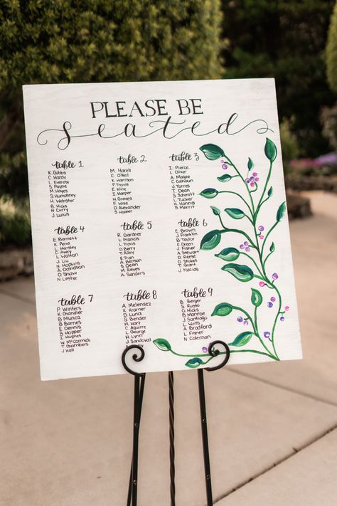 Handpainted Seating Chart on wood background Painted Seating Chart, Business Signage, Event Signage, Bottle Painting, Wood Background, Always You, Wedding Signage, Seating Chart, Build Your Brand