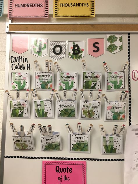 Classroom jobs   Magnets and popsicle sticks   Cactus themed Plants Classroom, Elementary Classroom Themes, Classroom Goals, Classroom Makeover, Classroom Procedures, Classroom Layout, Elementary Classroom Decor, Classroom Decor Themes, 3rd Grade Classroom