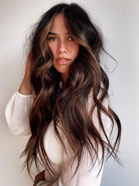 Darker Brown Hair With Dimension, Brown Hair With Root Smudge, Brunette Winter Highlights, Winter Dimensional Brunette, Multi Dimensional Brunette Dark, Halo Hair Color Brunettes, Dimensional Brunette Dark Fall Hair, Brunette 2024 Hair Trends, Dark Long Hair Ideas