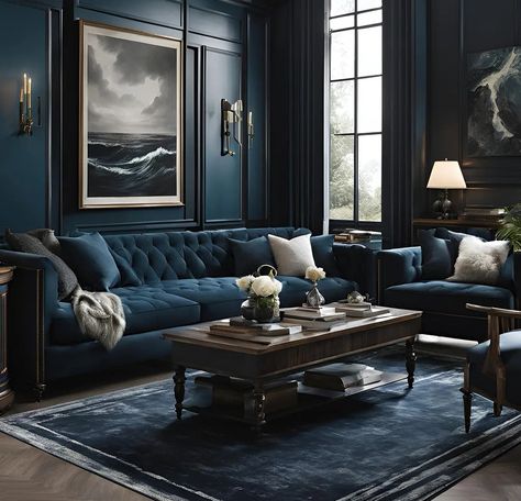 Luxury Living Room Inspiration, Dark Blue Living Room, Blue Living Room Decor, Living Room Design Inspiration, Classic Living Room, Living Room Design Decor, Traditional Living, Blue Living Room, Blue Rooms