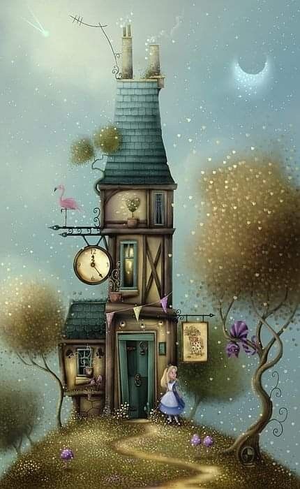 Alice in wonderland. A Curious House. by Joe Gilronan Joe Gilronan, Whimsical Houses, House Canvas, Library Science, Storybook Art, Cottage Art, In The Stars, Tableau Art, Magical Art