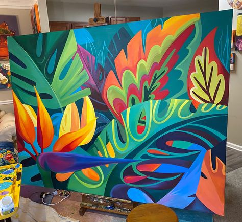 Finished up this 5 x 7' commission today. Can't wait to see it in its new home! #bigart #brookpageart #acrylicpainting #tropicalart #brookpage Creative Wall Painting, Wall Street Art, Wall Murals Painted, Black Art Painting, Wall Drawing, Mural Design, Big Art, Tropical Art, Motivational Art