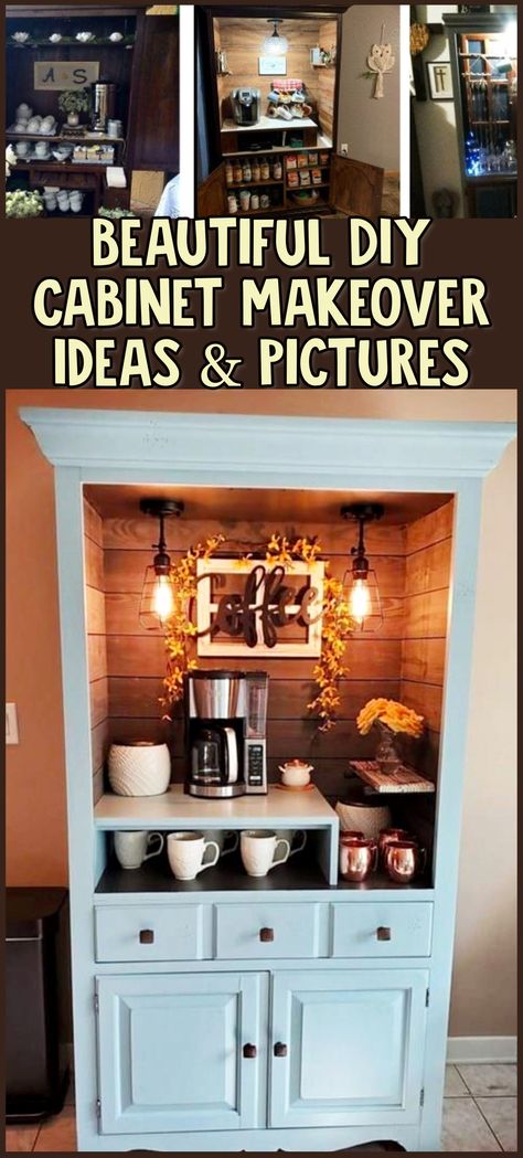 Beautiful DIY Cabinet Makeover Ideas  Pictures Other Uses For Dining Room, Hutch Makeover Coffee Bar, Buffet Cabinet Makeover, Diy Buffet Cabinet, Diy Cabinet Makeover, Hutch Cabinets, Cabinet Makeover Ideas, Hutch Redo, China Cabinet Redo