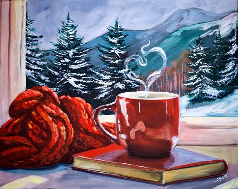 How To Paint Book Red Coffee Cup Snowscape Window Fantasy | Acrylic Tutorial | TheArtSherpa | The Art Sherpa Guided Painting, Red Coffee Cup, Painting For Beginners Videos, Coffee Art Painting, Paint Book, Canvas Painting For Beginners, Art Sherpa, The Art Sherpa, Coffee Cup Art