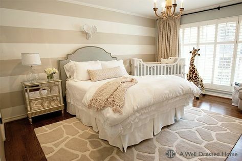 From google...nursery with queen bed Transitional Nursery, Striped Nursery, Nursery Nook, Nursery Guest Room, Apartment Walls, Giraffe Nursery, Parents Room, Striped Walls, Shared Room