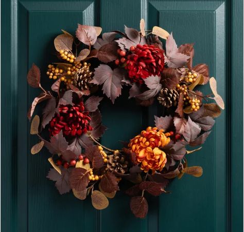 Chrysanthemum Wreath, Pretty Porches, Artificial Flowers And Plants, Artificial Wreath, Red And Brown, Autumn Wreath, Autumn Wreaths, Autumn Decor, Wreath Crafts