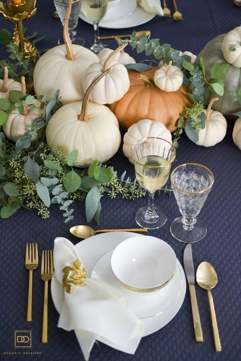 A FALL PUMPKIN TABLESCAPE TO CREATE THIS SEASON | Design by Occasion How To Create A Tablescape, Pumpkin Table Centerpiece, Pumpkin Tablescape, Eucalyptus Centerpiece, Grey Pumpkin, Instead Of Flowers, Festive Dinner, Large Pumpkin, Easter Garden