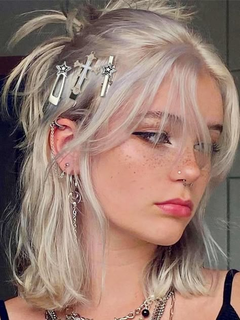 6PCS Silver Kawaii Hair Y2K Hair Clip Y2k Accessories Star Y2k Hair Clips Y2k Hair Accessories Emo Hair Accessories Disco Hair Accessories amazon associate, amazon affiliate, goth hairstyle ideas, hair clip ideas, y2k hair ideas, 2024 outfit inspo, y2k outfit inspo 2024, grunge outfit inspo 2024 Grunge Platinum Hair, Silver Hair Face Claim, Platinum Blonde Hair Wolf Cut, Silver Hair Girl Aesthetic, Short Hair Grunge Hairstyles, Half Up Half Down Wolf Cut, Septum Piercing Aesthetic Grunge, Short Hairstyles Grunge, Cute Girls With Blonde Hair